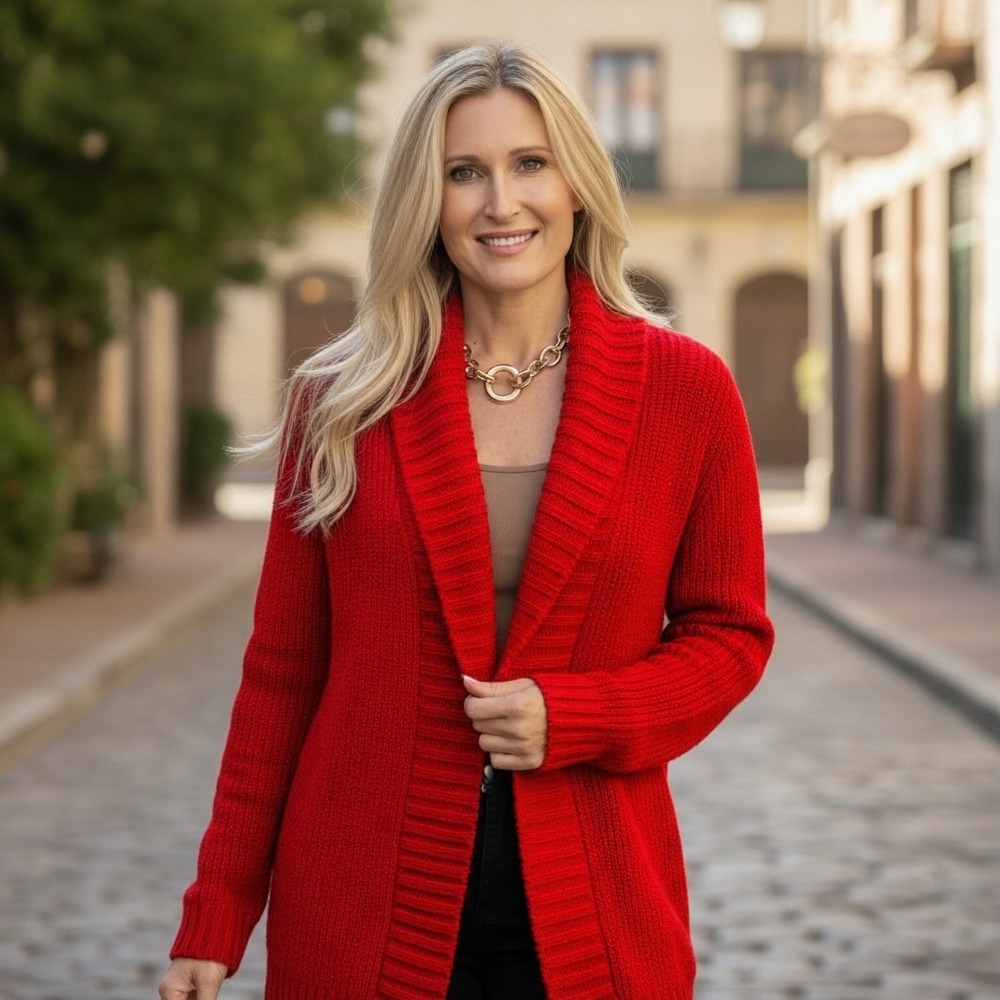 Eddie Bauer‎ Lounge Red Shawl Collar Open Front Cardigan Sweater Womens Small